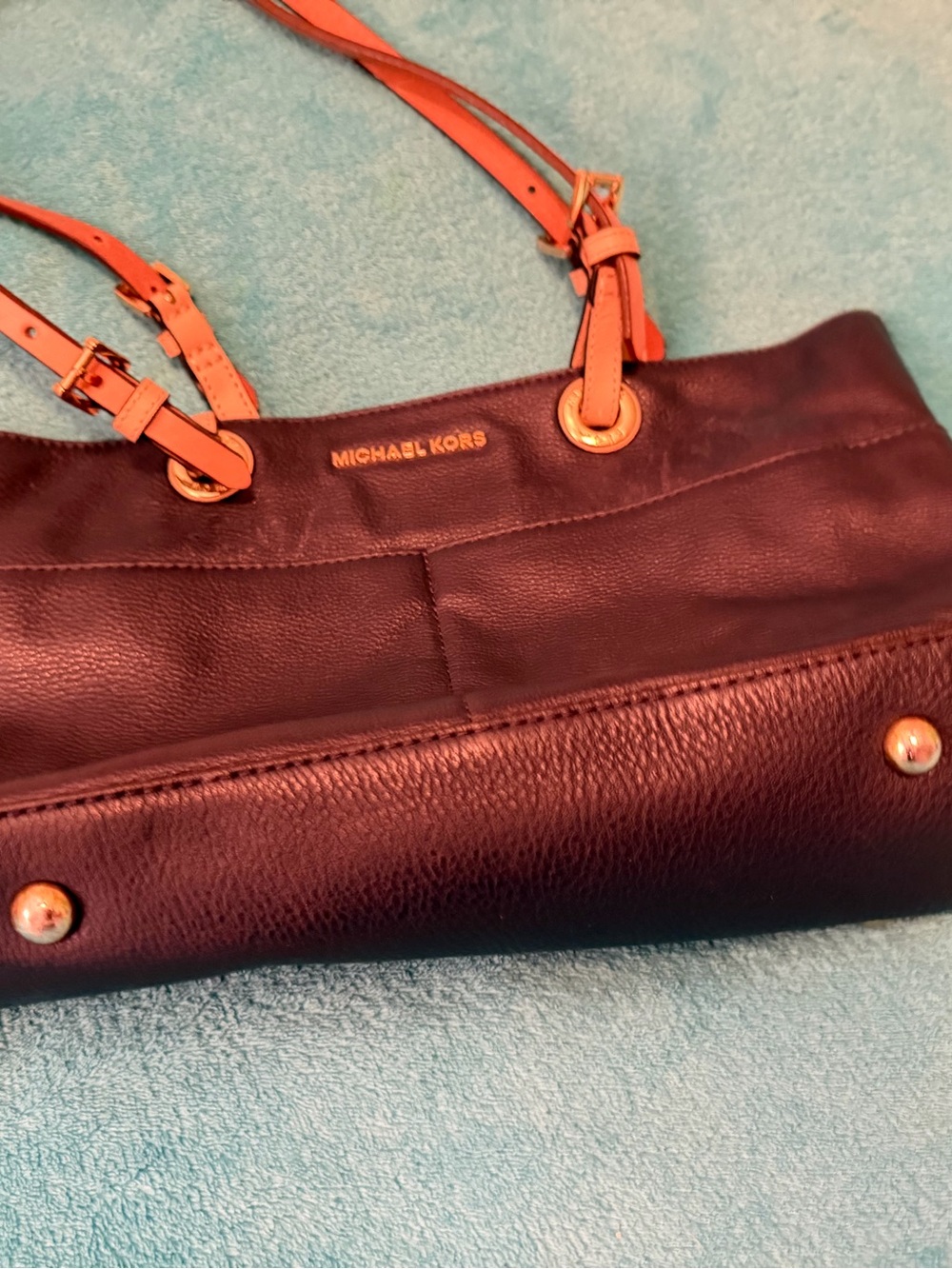 Michael Kors Navy Leather Shoulder Tote with Tan Straps